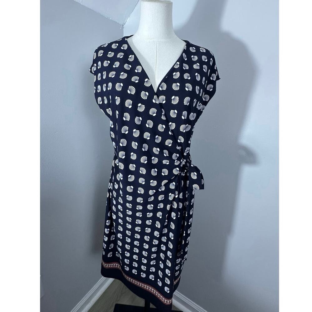 Ann Taylor Seashell Wrap Dress Navy Blue White Nautical Coastal 10 petite